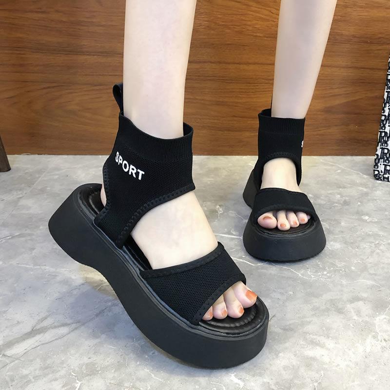 Summer Knitted Turtleneck Hollow Fish Mouth Sandals Non-slip Platform Platform Shoes Women's Elastic and Comfortable Sandals