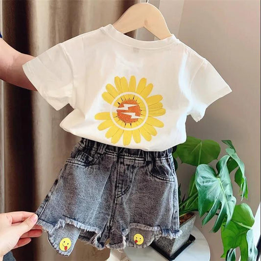 2PCS Children Clothing Set Spring Summer Girls Suits Printing Chrysanthemum Short Sleeve Tops + Pants Clothing Set