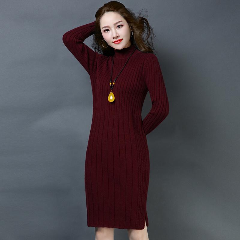 Womens Knitted Dress Autumn Winter Vintage Ladies Slim Sweater Dress Long Sleeve Knit Dresses