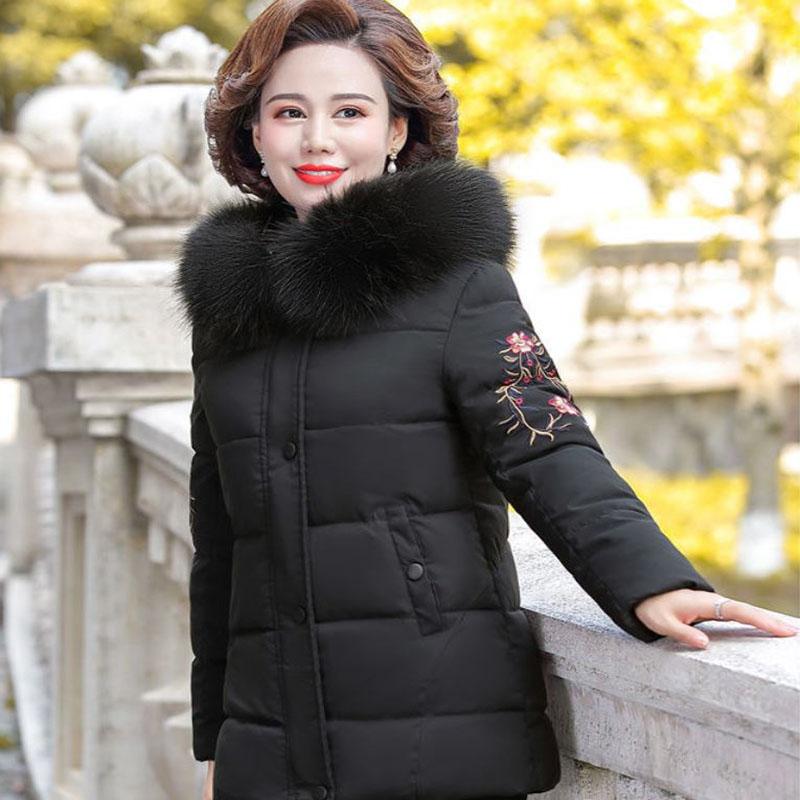 Winter Down Cotton Jacket Fashion Fur Collar Hooded Mid-length Jacket Thick Warm Cotton Jacket Suitable for Middle-aged Women