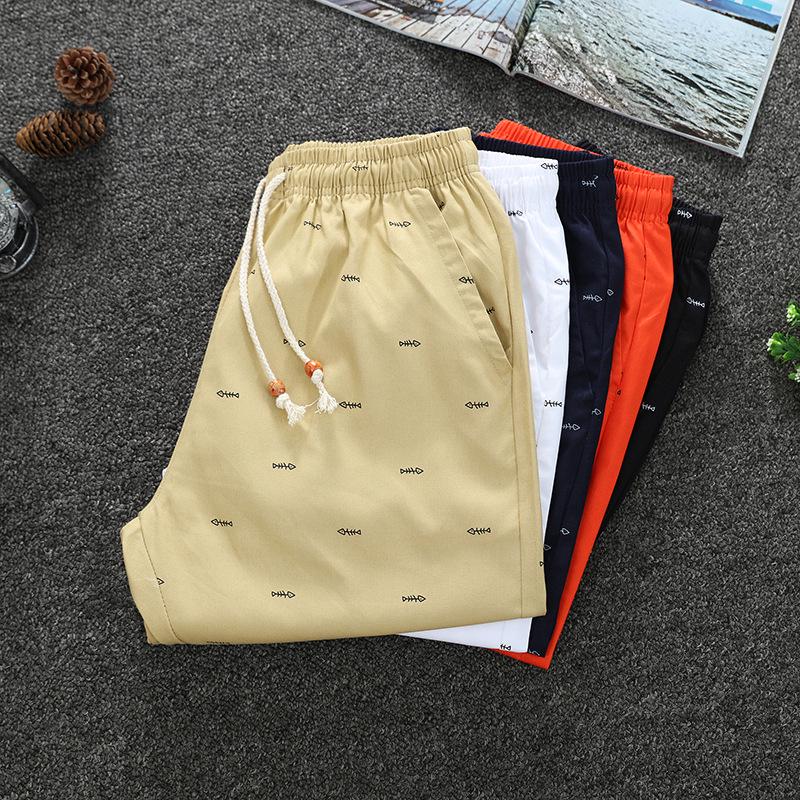 Pure cotton breathable five-point shorts men's summer casual sports shorts outside wearing fish bone print solid color beach pants