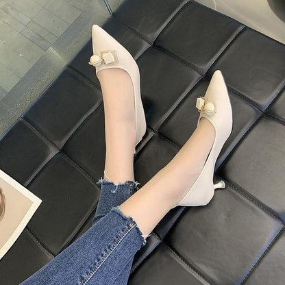 Genuine Leather High-heeled Stiletto All-match Work Women's Shoes Mid-heel Leather Shoes Pointed Toe Non-grinding Single Shoes