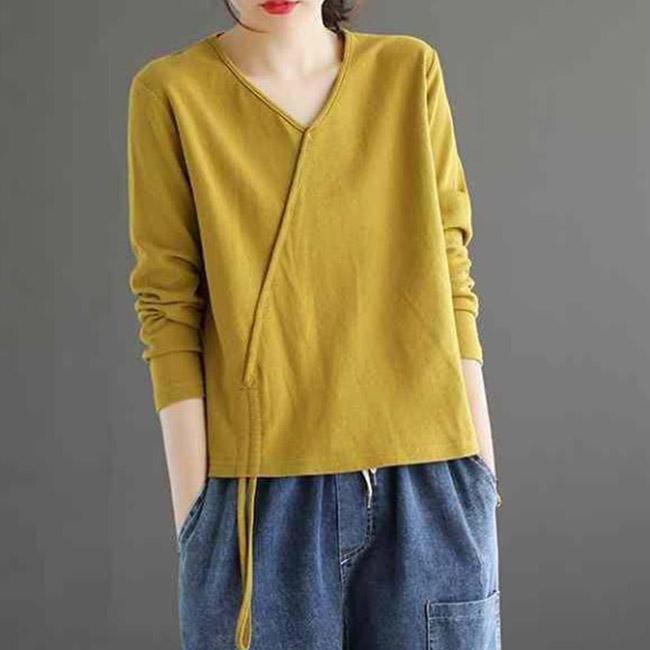 Cotton Solid Color V-Neck T-Shirt Ladies Spring Summer Hem Drawstring Loose Casual Long Sleeve Vintage Top