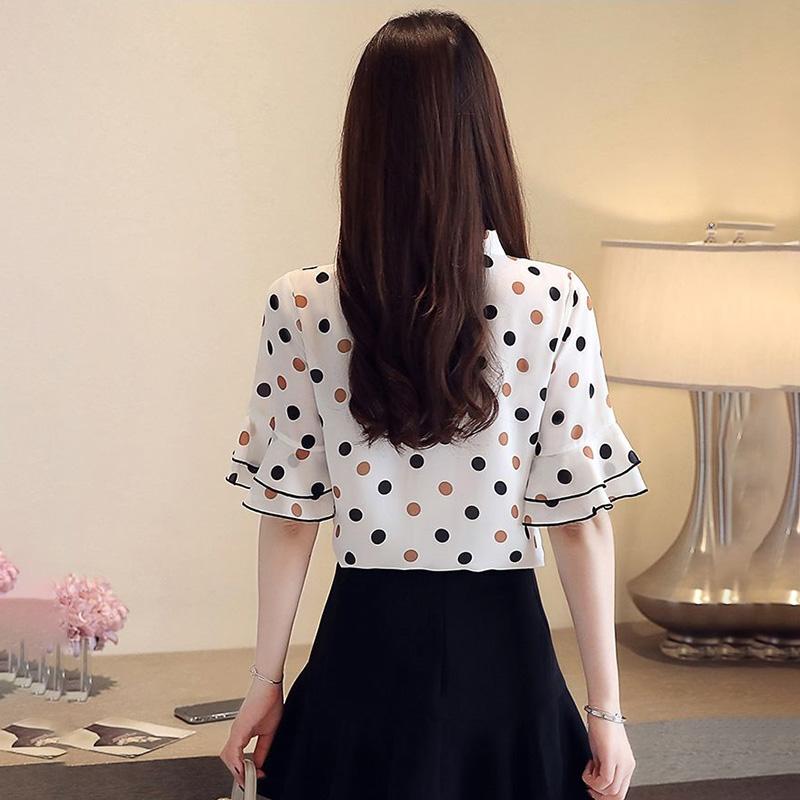 Sweet Shirt Summer Polka Dot Half-sleeved Top Women's Lotus Leaf Collar Polka Dot Shirt Short-sleeved Chiffon Shirt Tie Bow Shirt