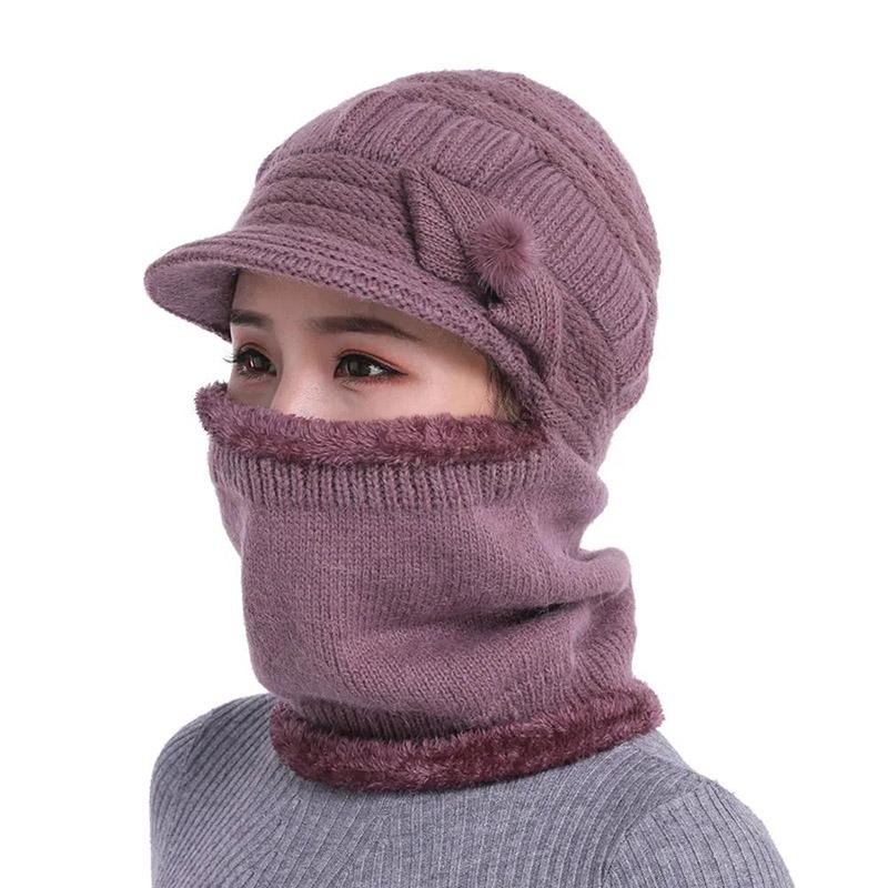 Women's Winter One-piece Hat Cycling Windproof Warm Hat Bib Integrated Plus Velvet Thick Knitted Woolen Hat