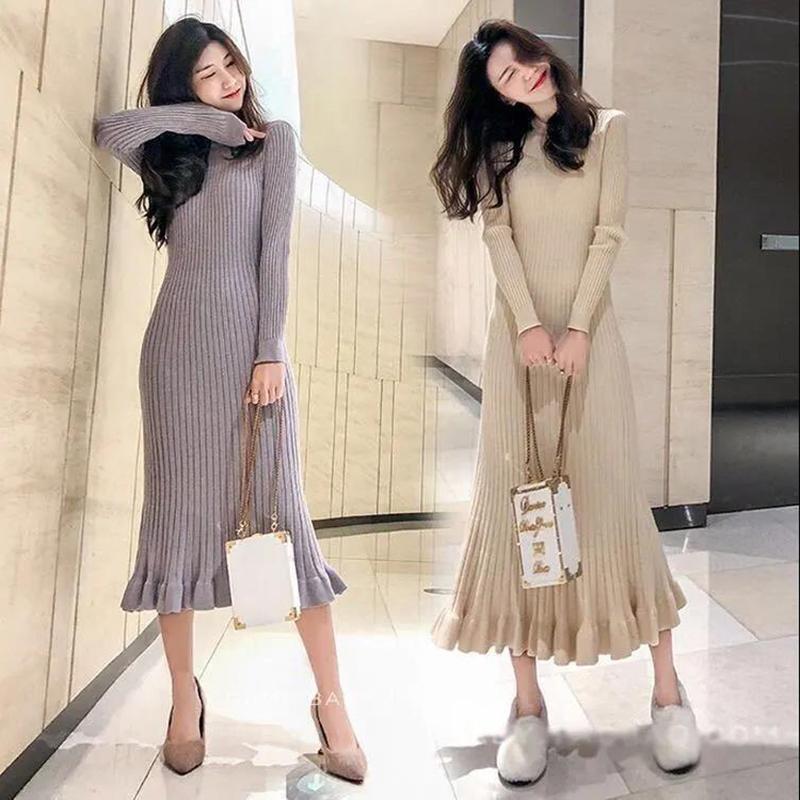 Long Over-the-knee Lazy Knit Sweater Large Swing Dress Slim Fit Versatile Bottomed Fishtail Skirt Women's Long Sweater Comfortable and Warm