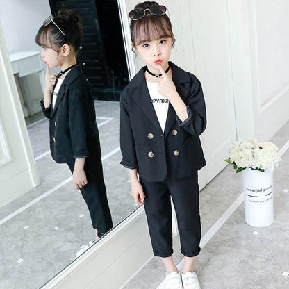 Girls Suit Two-piece Korean Version Spring and Autumn Long-sleeved Jacket Nine-point Pants Solid Color Suit Jacket Trousers Two-piece Set