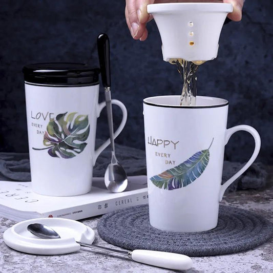 Creative Ceramic Cup Large Capacity Water Cup Mug Couple Simple Milk Cup with Lid and Spoon