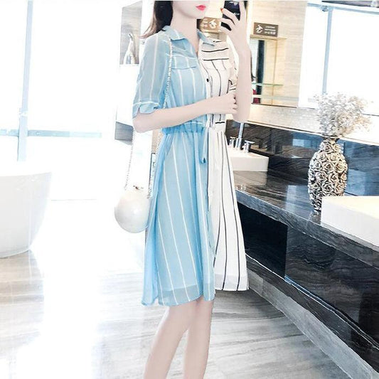 Female Vintage High Waist Holiday Elegant Slim Dress Color Blocking Striped Shirt Collar Casual Dress