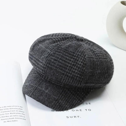 Women's British Retro Plaid Octagonal Hat Spring Autumn Wool Blend All Match Beret Outdoor Leisure Painter Hat Adjustable Beanie Hat