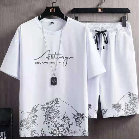 Summer Short-sleeved T-shirt Suit Men's Trend Personality Leisure Sports Running Half-sleeved Ice Silk T-shirt Two-piece Men's