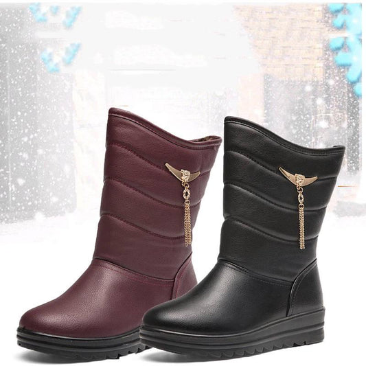 Women Boots Leather Mid Calf Plush Winter Warm Snow Boots Women Cotton Boots Botas Mujer