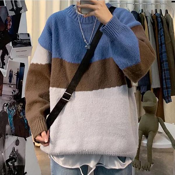 Autumn and Winter Round Neck Men's Sweater Student Loose Color Matching Jacket Long-sleeved Striped Bottoming Shirt