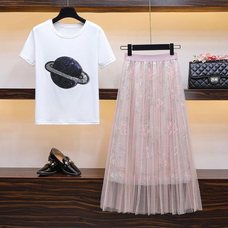 Fashion Summer Skirt Suit Women Embroidered Cotton T-shirt Printed Tulle Skirt Two-piece Suits