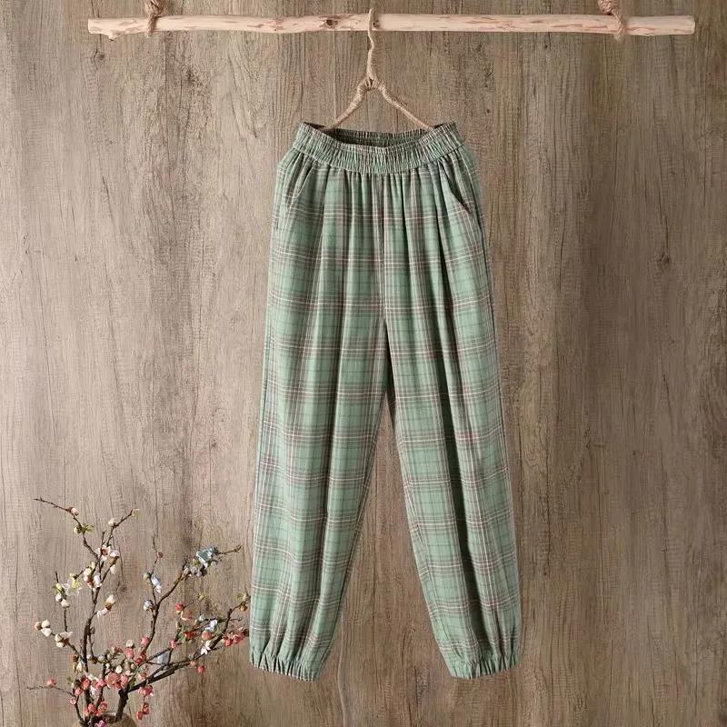 WTEMPO Plaid Pants Women Loose and Thin Elastic Waist Straight Casual Pants Size M-XXXXL