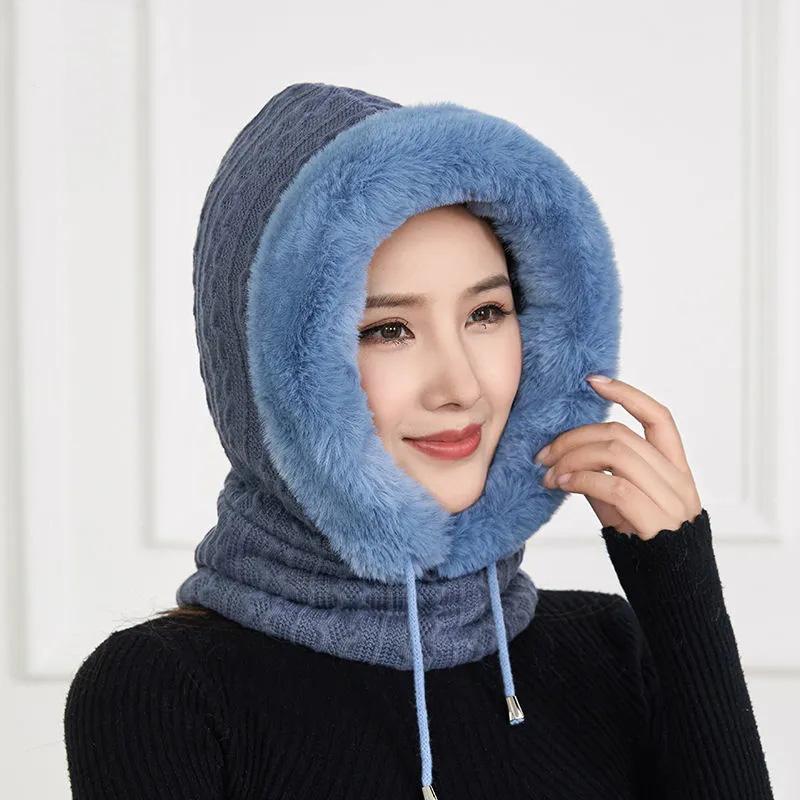 Women's Hat Plus Velvet Thick Warm Windproof Hood Ear Neck Protection Knitted Hat Woolen Cap Winter One-piece Cap Scarf Set