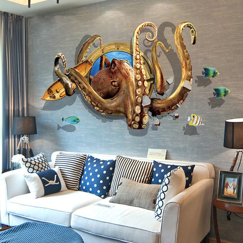 Deep sea octopus 3D stereo wall stickers bedroom living room study background decoration