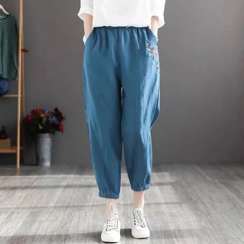 WTEMPO Cotton Retro Flower Embroidery Women Spring and Summer Loose Solid Color Casual Trousers