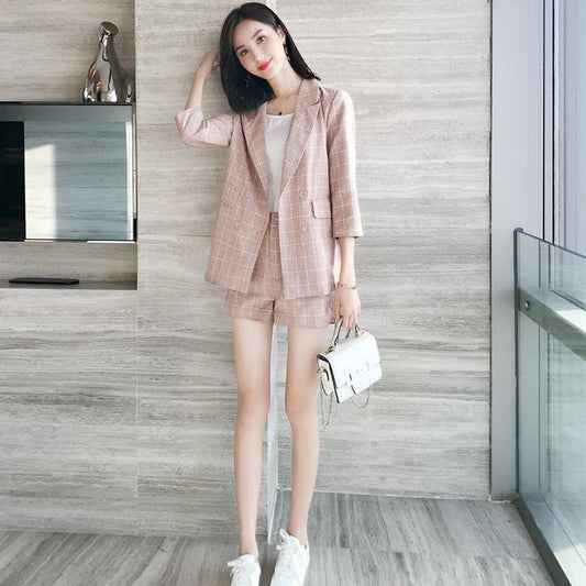 Casual Loose Suit Shorts Suit Women Spring and Autumn Casual Business Wear Plaid Jacket Two-piece Jacket + Shorts Fabric Soft Clearance Suit