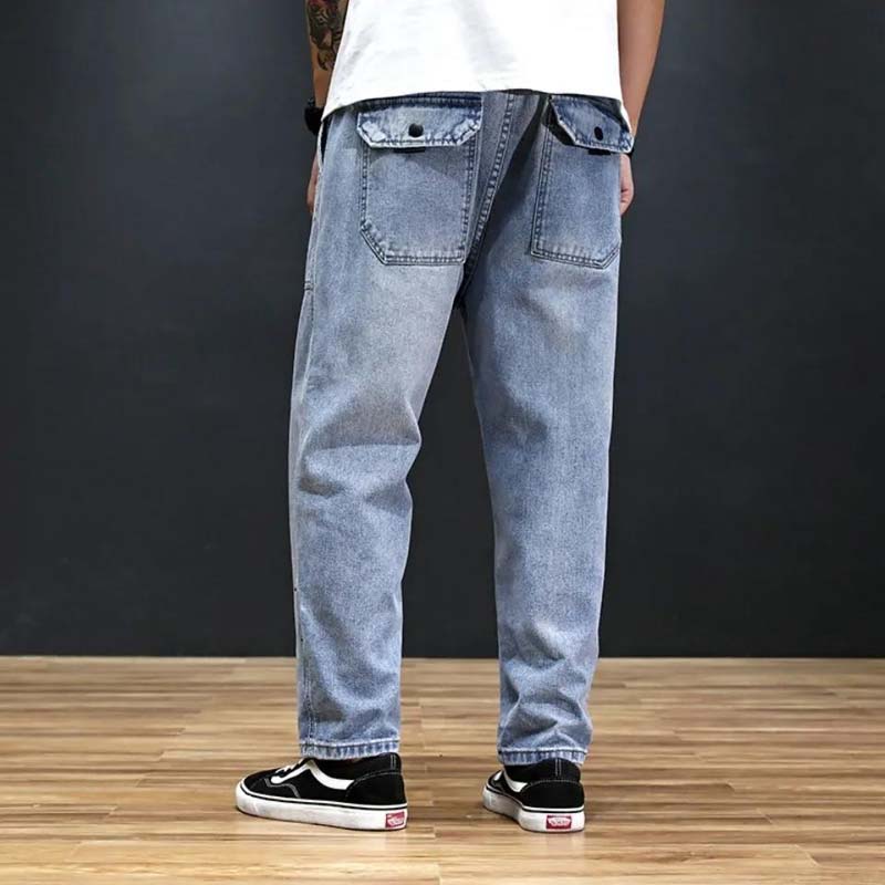 Denim Pants Men's Loose Spring and Autumn Blue Straight Tone Waist Handsome Wide-leg Large Size Casual Jeans