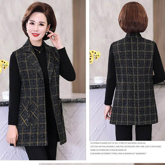 Mom's Autumn Vest Jacket Mid-length Plaid Waistcoat Middle-aged and Elderly Women's Spring and Autumn Woolen Vest