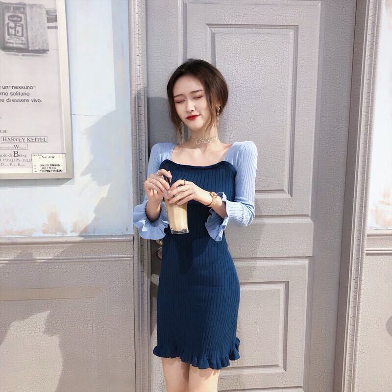 Female Vintage Long Sleeve Knitted Holiday Graceful Dress Slim Ruffle Elegant Short Party Dress