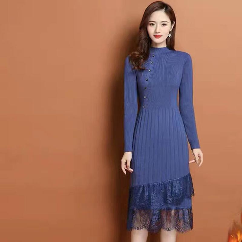 Women's Bottoming Dress In Spring and Autumn Mid-length Over The Knee Lace Knit Slimming Slimming Sweater Skirt Soft Fabric