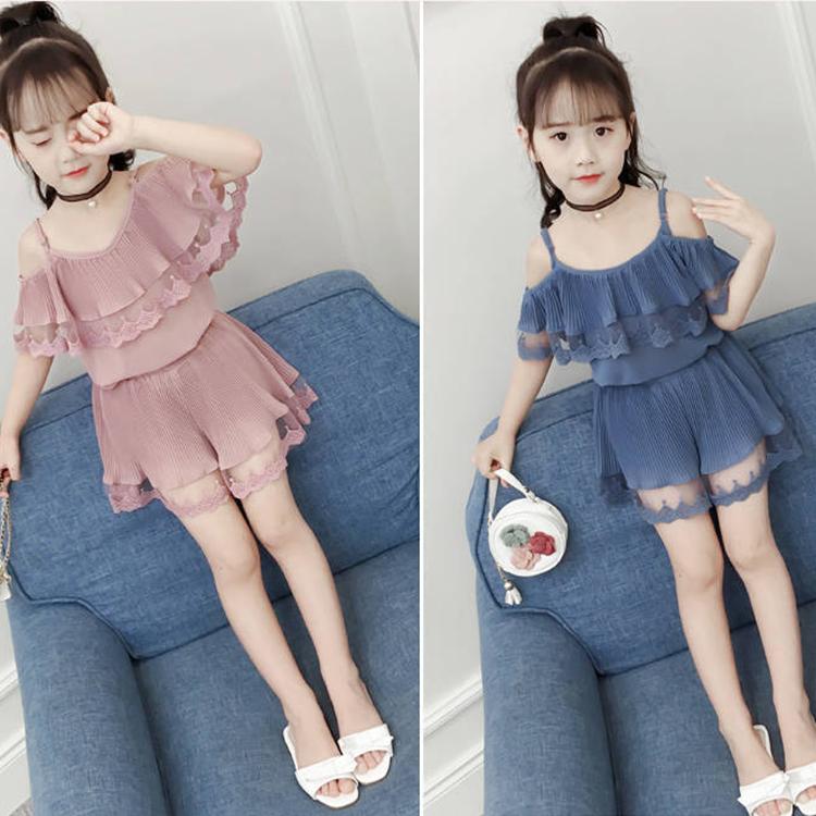 Girls' Summer Shorts Suit Korean Style Summer Children's Suspender One Shoulder Chiffon Two Piece Set Pleated Mesh Solid Color Two-piece Suit