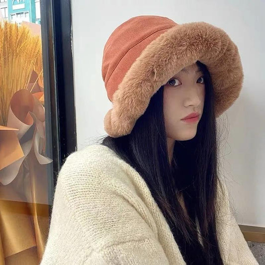 Women's Autumn and Winter Thick Plush Warm Fisherman Hat Cold Proof Windproof Ear Cup Hat Winter Curled Big Head Hat Fluffy Plush Top Cap Basin Hat