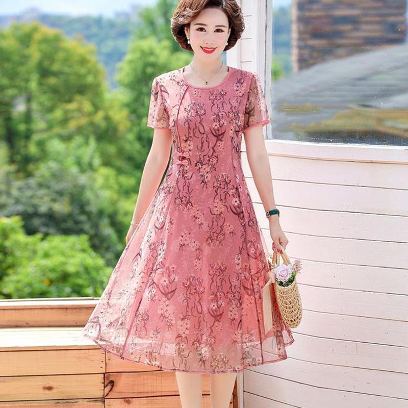 Mom Summer Dress Middle-aged and Elderly Women's Noble Mid-length Chiffon Over The Knee Summer Dress