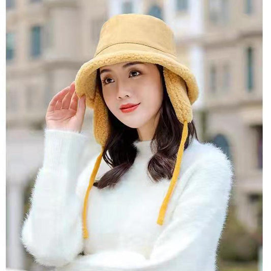 Women's Autumn Winter Korean Hats for Cycling Ear Protection Warm Velvet Fisherman Hat Double-sided Laces Adjustable All Match Lamb Hair Basin Caps