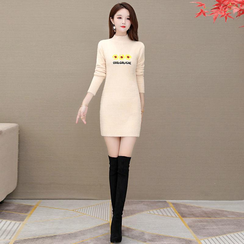 Autumn and Winter Mohair Knitted Sweater Half High Neck Thick Loose Bottoming Shirt Mid-length Casual Women Sweater Dress