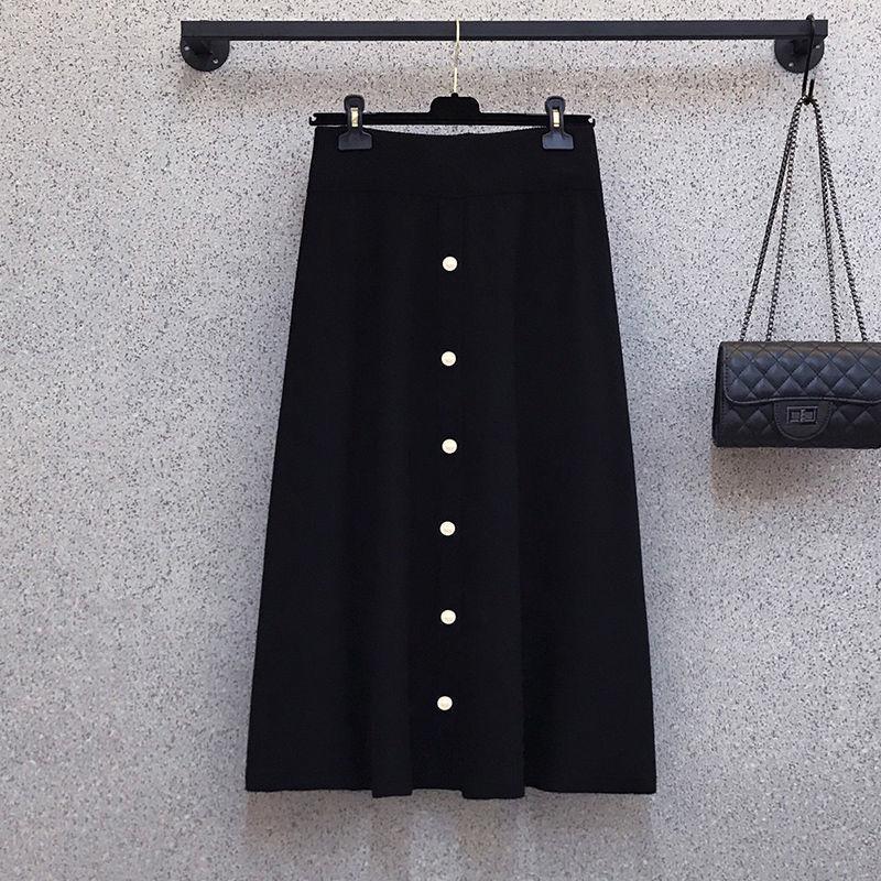 Autumn and Winter Warm Suit Women's Knit Sweater + A-line Thin Skirt Two-piece Sweet Pearl Decoration Elegant Temperament