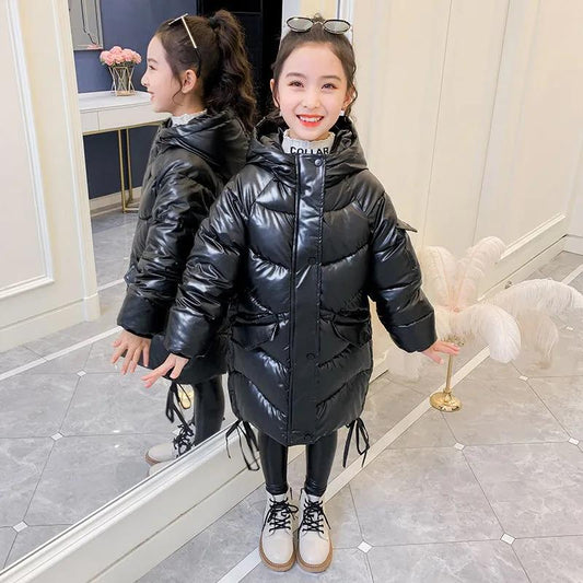 Girls Mid-length Padded Cotton Jacket Winter Windproof and Warm Hooded Jacket