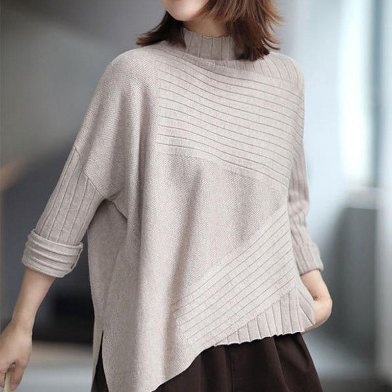 Spring and Autumn Half High Neck Knitted Sweater Loose Wild Pullover Pure Color Simple Female Sweater