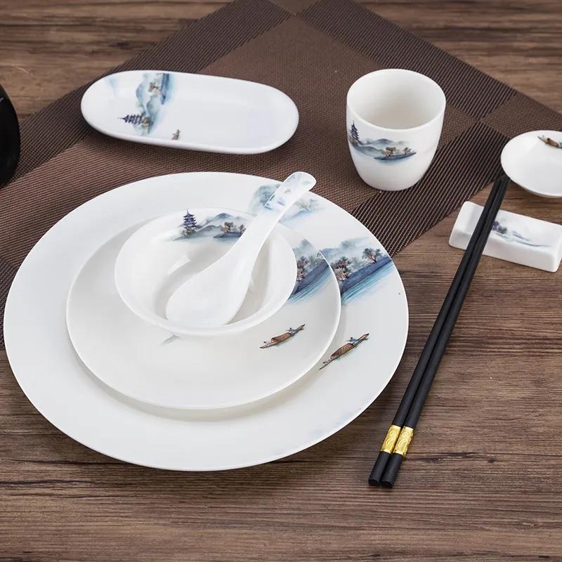 Chinese-style Hotel Tableware Four-piece Set of Bone Dish Fin Bowl Teacup Spoon Landscape Painting Ceramic Tableware