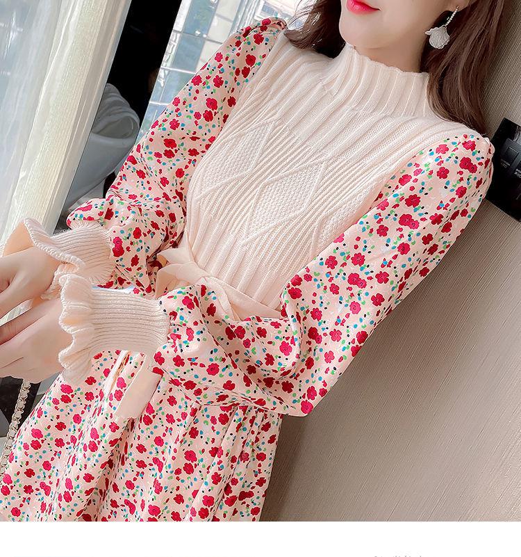 Autumn  Winter Corduroy Dress Women's Knitted Stitching Long-sleeved Long Floral Dress Sweet A-line Dress with Belt