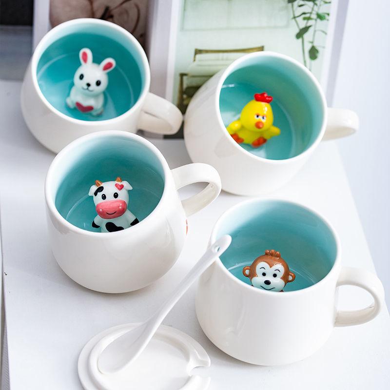 Creative Ceramic Mug with Lid Spoon Cute Female Korean Water  Breakfast Cup Couple  Milk Coffee Tea Cup