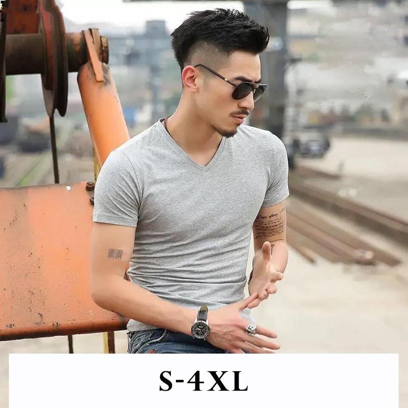 Summer Solid Color Men's Short-sleeved T-shirt V-neck Half-sleeved Top White Men's Bottoming Shirt Slim T-shirt Trend