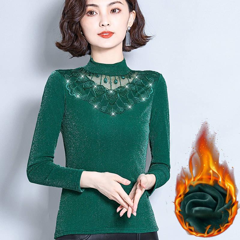 Women Autumn Winter Plus Velvet  Lace Thick Pullover Tight Sexy Bottoming Sweaters Long Sleeve