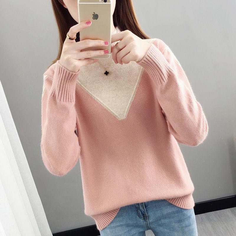 Pofulove Women Colorblock Round Neck Long Sleeve Slim Fit Warm Pink Pullover Undershirt Sweatshirts