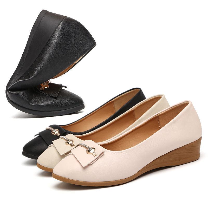 Work Shoes Women's Soft-soled Shoes Wedge Heel Leather Shoes One Pedal Single Leather Shoes Elegant Design High Heels Light and Comfortable