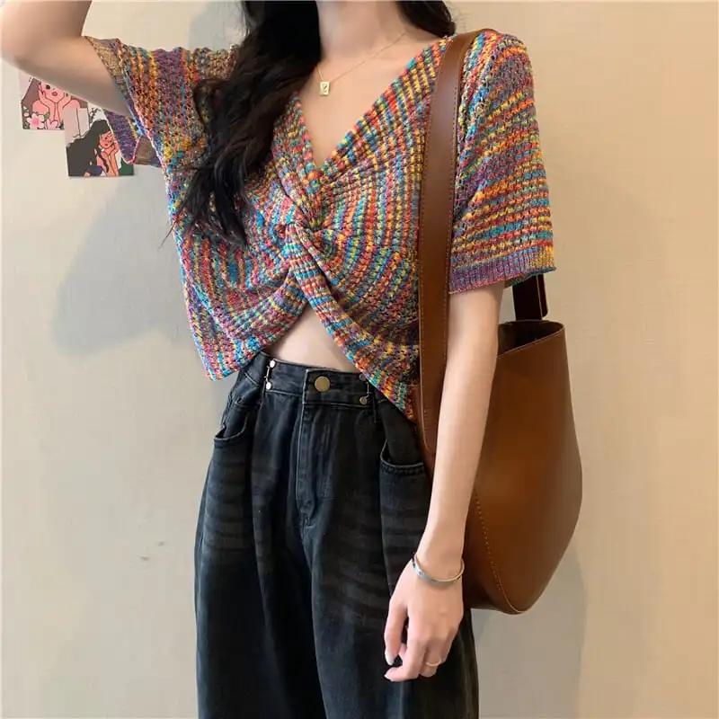 Knitted Short-sleeved Top Women's Summer Thin French Design Sense V-neck Kink Short Top Personality Trend Pullover Shirt Striped Colorful T-Shirt