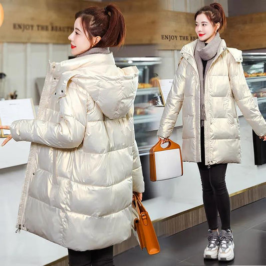 Down Cotton Jacket Winter Thicken Warm Loose Fashion Color Glossy Disposable Stand Collar Mid-length Cotton Jacket Women