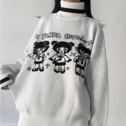 Autumn Winter Color Matching Thick Turtleneck Sweater Female Student Casual Loose Pullovers Cartoon Knitted Jacket Top