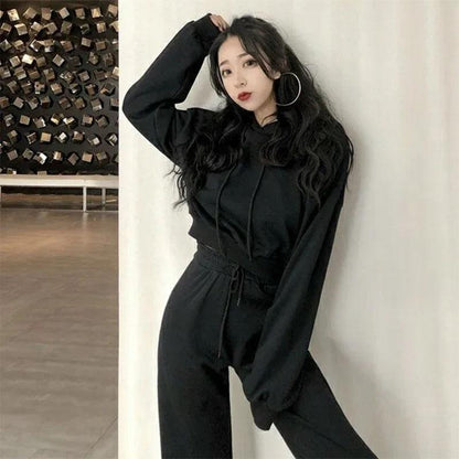 2PCS Women's Spring/Summer Casual Suit Long Sleeve Short Hooded Sweater + Loose Thin Elastic High Waist Wide Leg Pants Ladies Two-piece Sports Suit