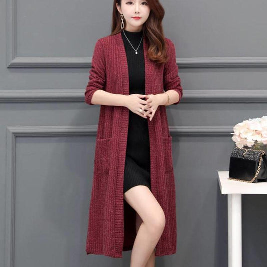 Autumn and Winter Knitted Cardigan Jacket Mid-length Thick Long-sleeved Sweater Pure Color Simple Female Jacket