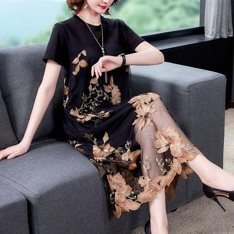 Large Siz M-XXXXL Summer Loose Chiffon Round Neck Exquisite Embroidery Pattern Stitching Mid-length Skirt