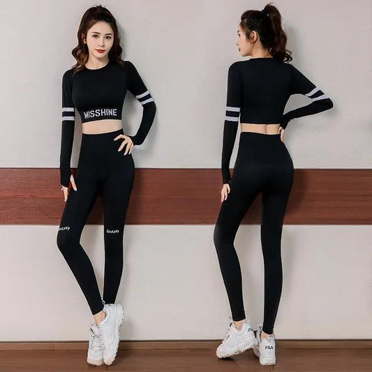 2 Piece Women Sportswear Yoga Set Gym Clothing Tracksuit Long Sleeve Crop Top High Waist Seamless Leggings Fitness Sports Suits