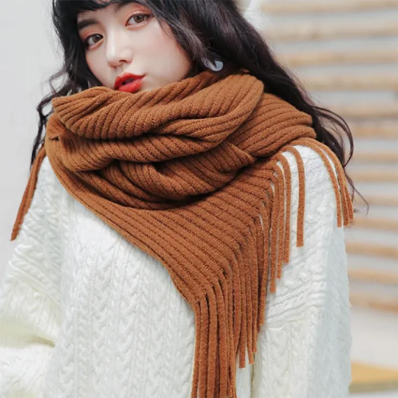 Ladies Scarf Winter Pure White Korean Version of Wild Thick Woolen Tassel Knitted Shawl Scarf Womens